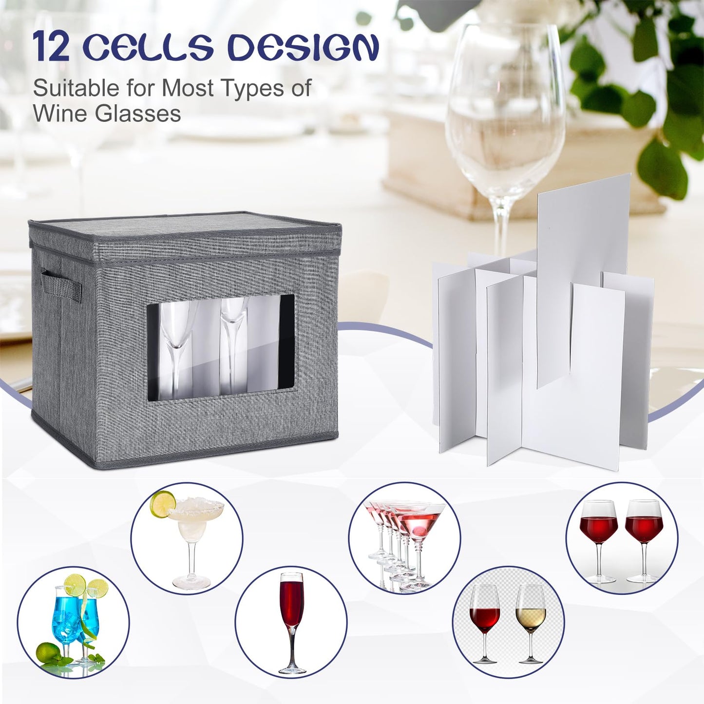 Uiifan 6 Pack Stemware Storage Box Set with Dividers, 12 Compartments Wine Glasses Storage Containers Cases Dust-proof, Transparent Window, Handles for Moving(Gray)
