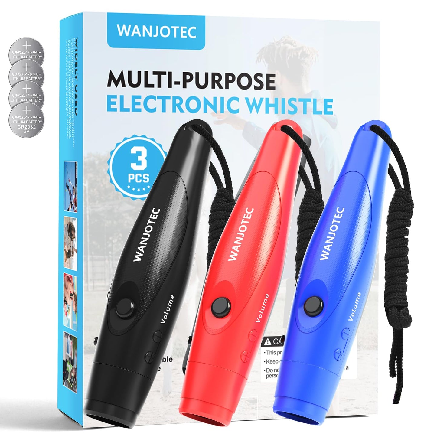 WANJOTEC Electronic Whistle 3 Pack, 3 Adjustable Tones, Maximum Volume 130dB Handheld Emergency Whistle for Referees, Sports, Outdoor Sports Whistle with Lanyard