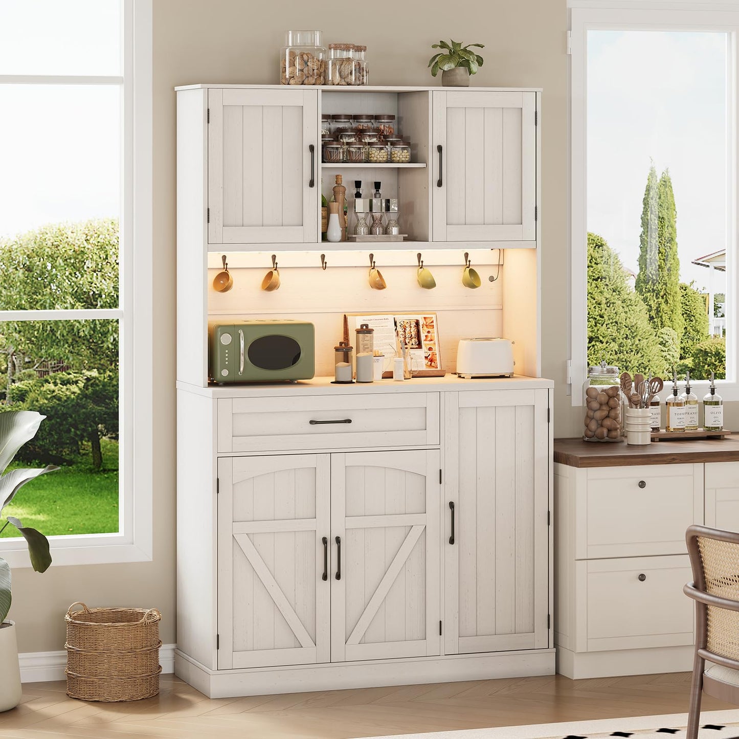 Tall Pantry Cabinet with Charging Station, Kitchen Pantry Storage Cabinet with LED Light & Microwave Stand, Kitchen Hutch with Storage Drawer & Door Shelf for Living Room, Dining Room, Off White