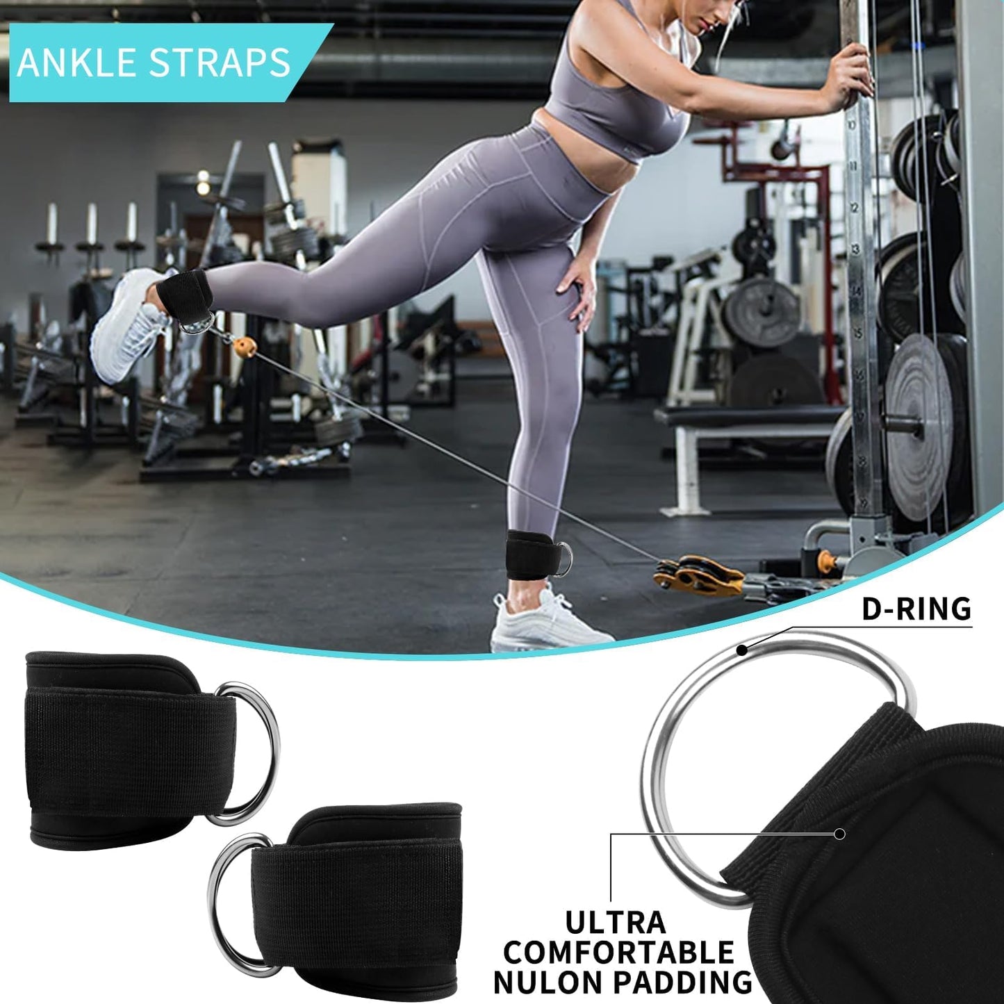 10 PCS Barbell Pad Set for Squat, Hip Thrusts Pad for Squats,Bench Press with Barbell Pad, 2 Gym Ankle Straps,3 Hip Resistance Bands,Lifting Strap,Workout Poster Gym Equipment Accessories（Black）