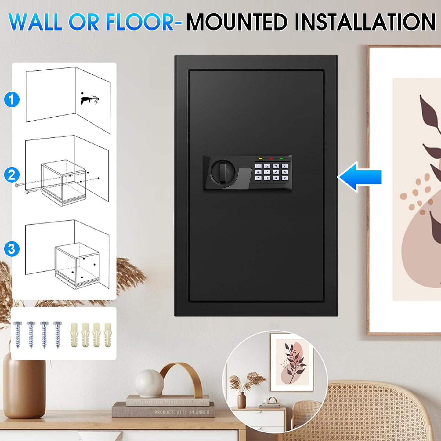 3.3 Cuft Large Fire Proof Safes for Home Use, Personal Fire Safe Box with Electronic Keypad and Spare Key, Removable Shelf, Digital Home Safe Fireproof Waterproof for Cash Documents Valuables