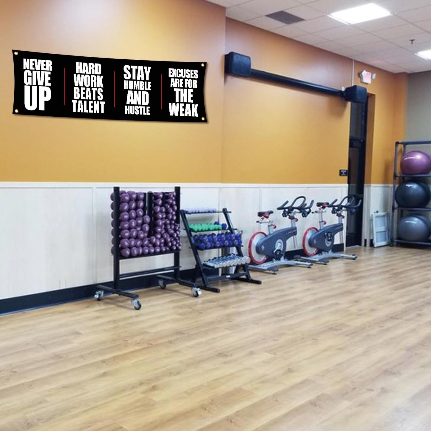 Motivational Gym Flag Banner - Never Give Up - 72x24 Inches Home & Garage Gym Wall Decor with 4 Brass Grommets for Easy Hanging