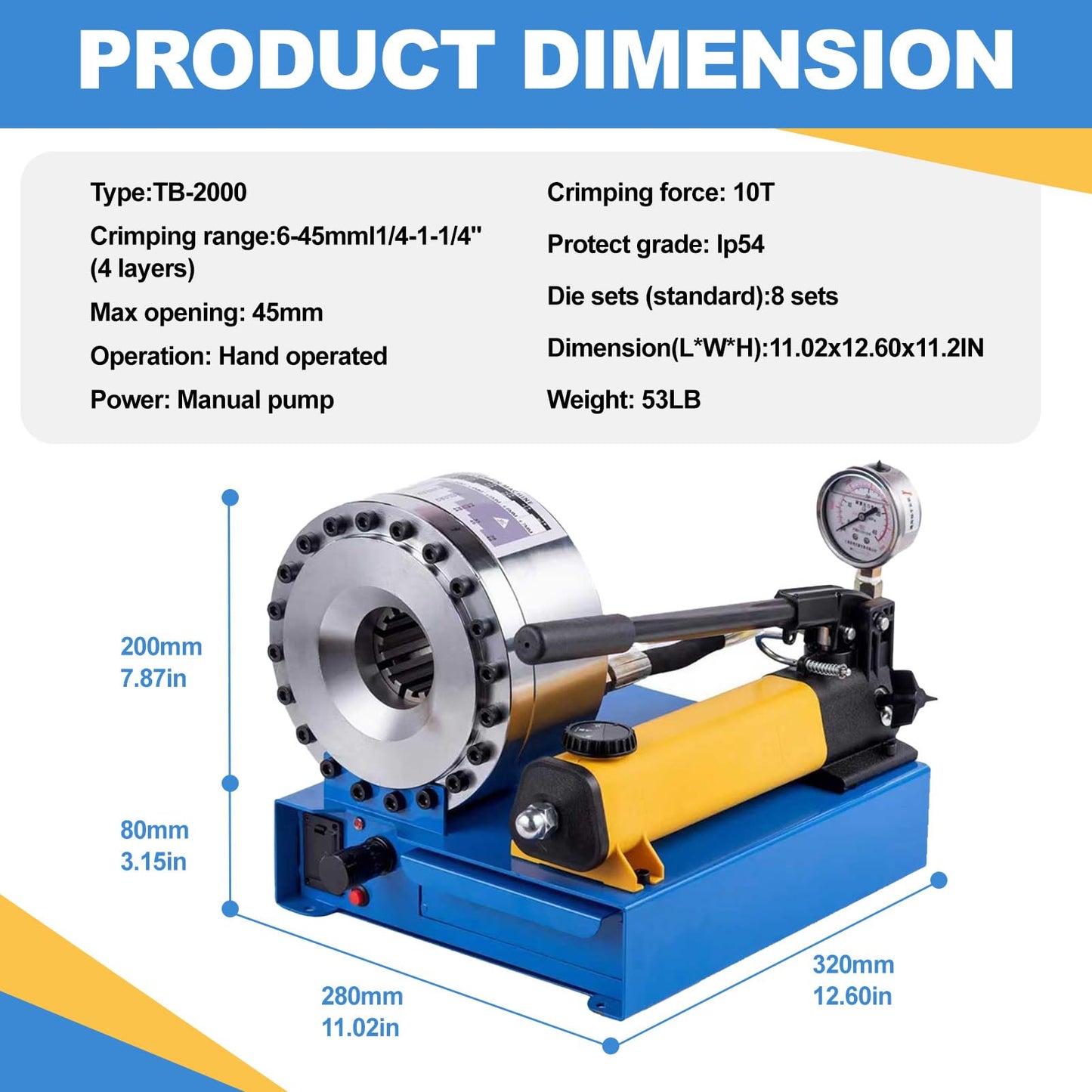 Hydraulic Hose Crimper with 8 Sets of Dies - High Pressure Handheld Crimping Tool for 1/4" to 1" Hose (6mm-28mm), 1000KN Force, Magnetic Mold, 1L Oil Tank