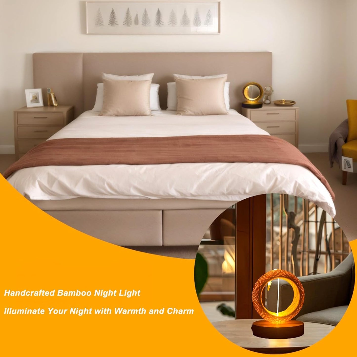EDALOPLI Countertop USB Night Light Desk Lamp Boho Table Lamp Small Lamp Bamboo Lamp Bohemian Lamp Wooden Lamp Table
