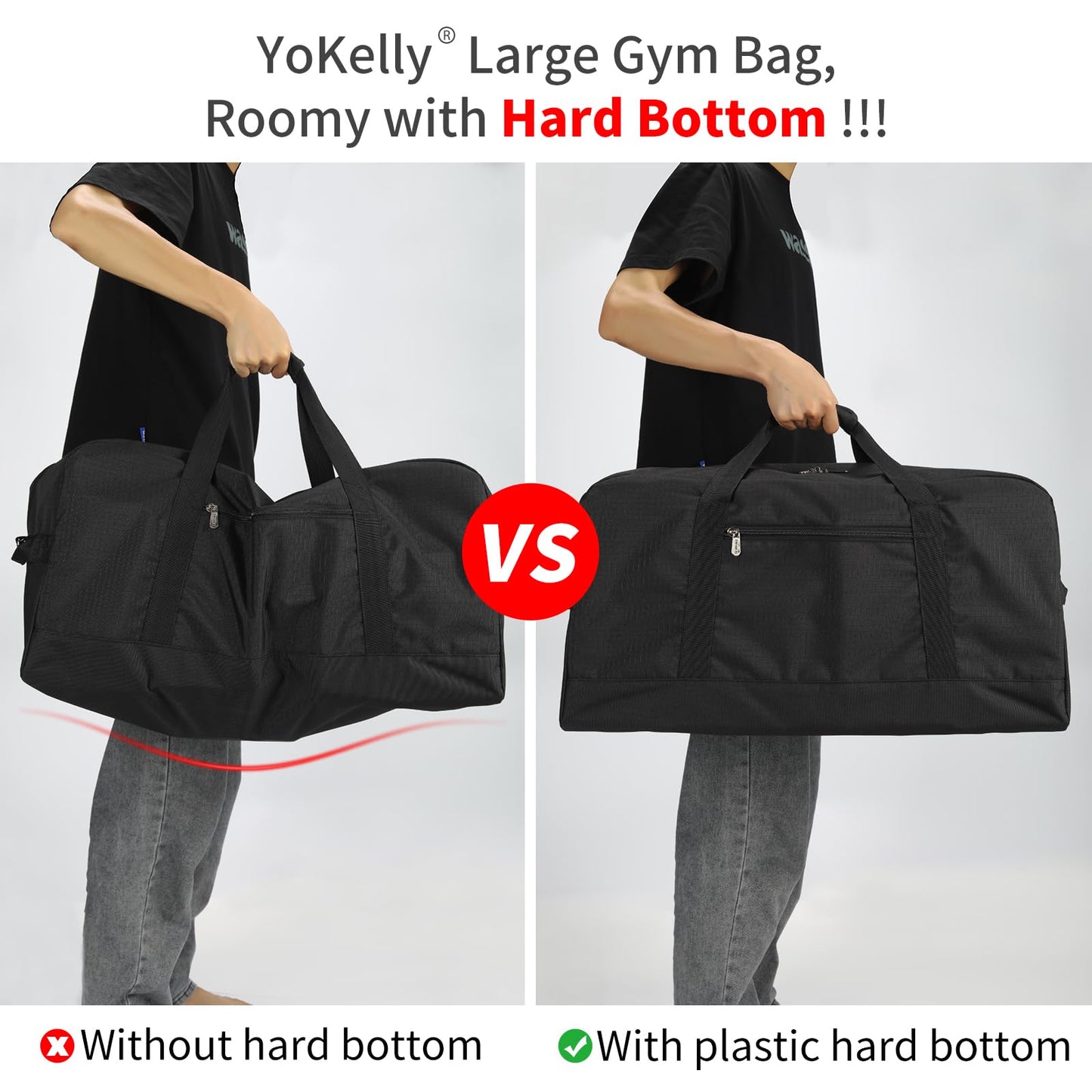 YoKelly 55L Large Duffle Bag for Men Travel - 25 inch Weekender Duffel Bag with Hard Bottom - Black