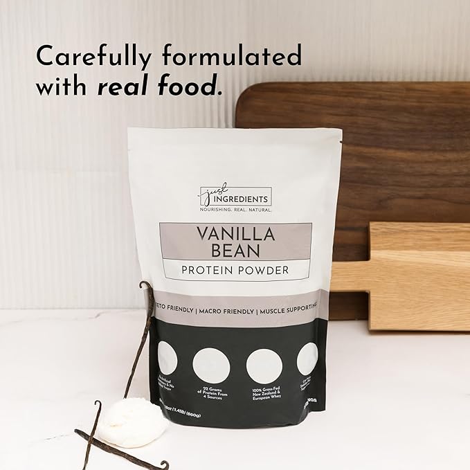 JUST INGREDIENTS Vanilla Bean Protein Powder ??20-Serving Blend with 100% Grass-Fed Whey & Organic Plant Proteins ??Real Vanilla Bean & Cinnamon ??Supports Muscle Recovery, Energy*