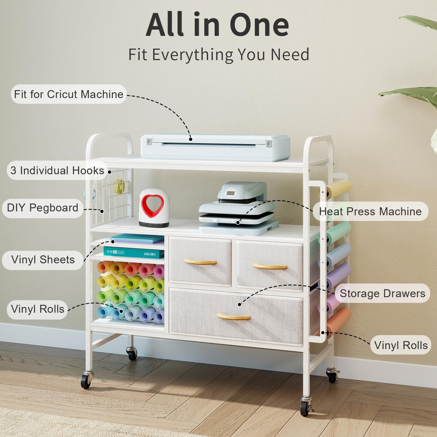 Hadulcet Large Heat Press Table with Storage - Rolling Craft Cart Organizer, Vinyl Roll Holder & Cricut-Compatible Workstation for DIY Sublimation, T-Shirt, Cap, Mug Projects (White)