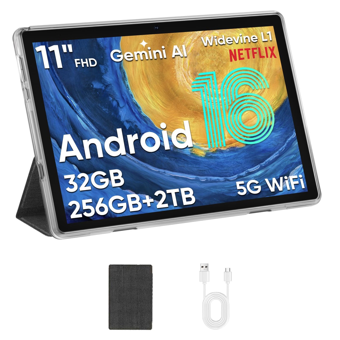 JUNINKE Tablet 11 Inch, Android 16, 32GB RAM+256GB Octa-Core, 8000mAh Battery, 1280 * 800 Touch Screen, 5+8MP Dual HD Camera (Black Case)
