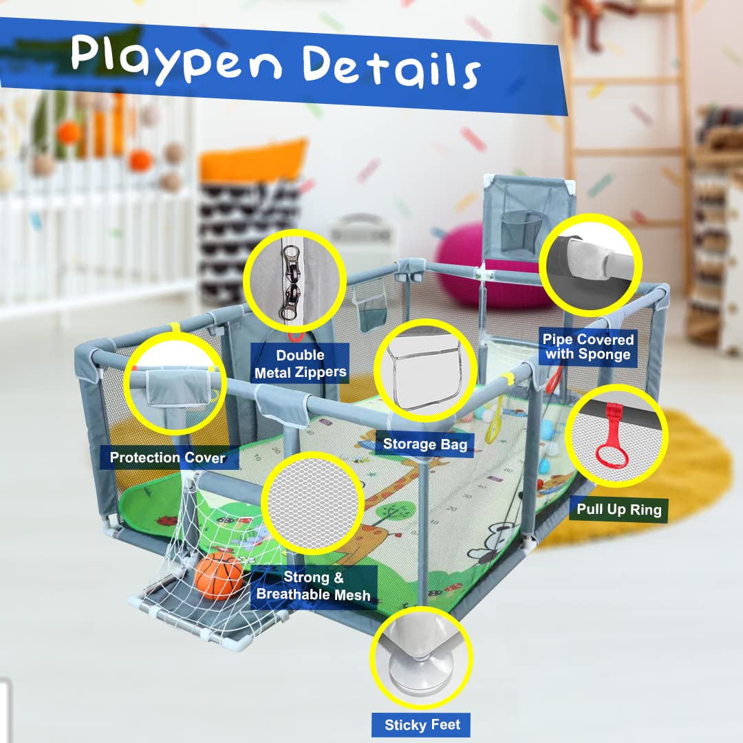 Upgraded Playpen - Enhanced Thick Foldable Mat, Balls, 4 Rings, Storage Bag & Sports Nets - BPA-Free & Safe