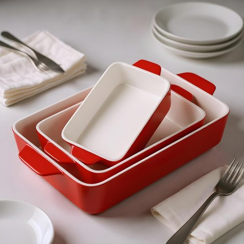 Kook Ceramic Bakeware Set - Versatile Rectangular Dishes for Casseroles & Lasagna | 3-Piece Set in Cherry
