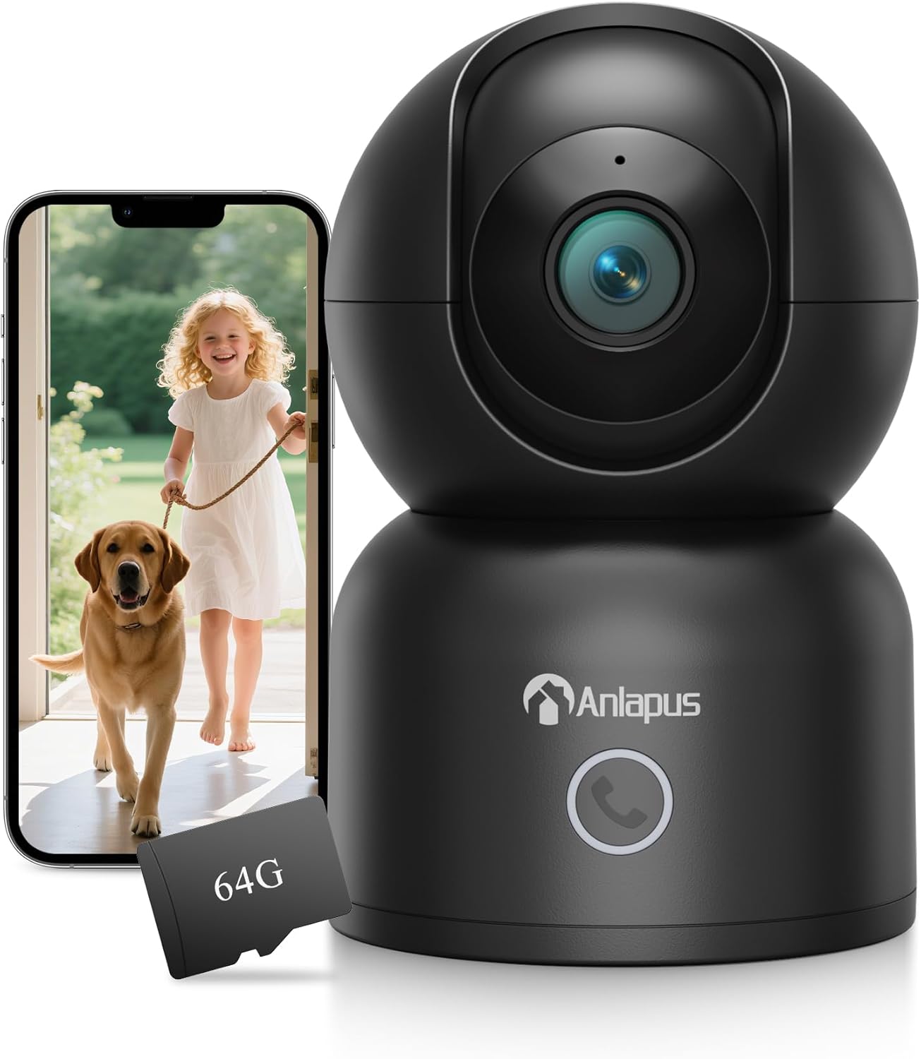 Anlapus A50 4K 2.4/5 64G Pan/Tilt Home Indoor Security Camera, Plug-in WiFi Pet/Baby Monitor with One-Touch Call, AI