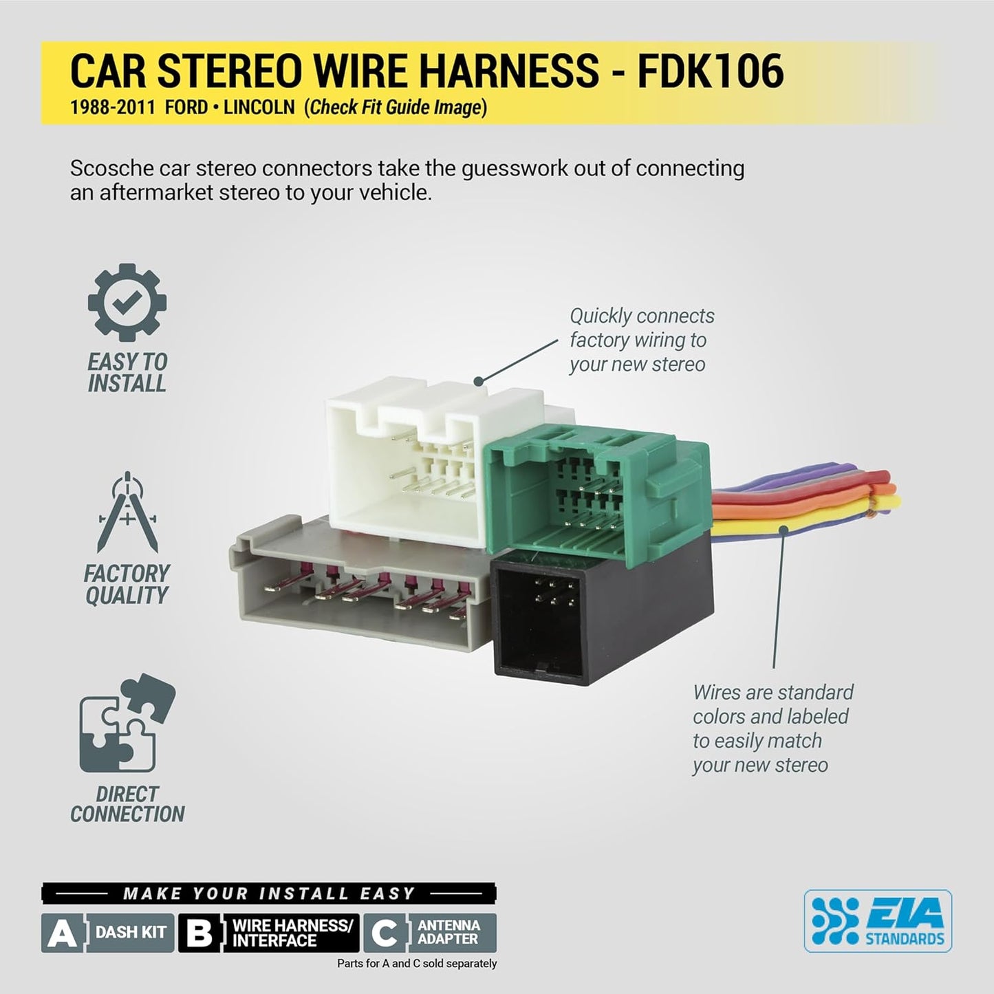 FDK106 1988-2011 Scosche Standard & Premium Sound Wire Harness Connector Compatible with Select Ford, Lincoln, Mercury