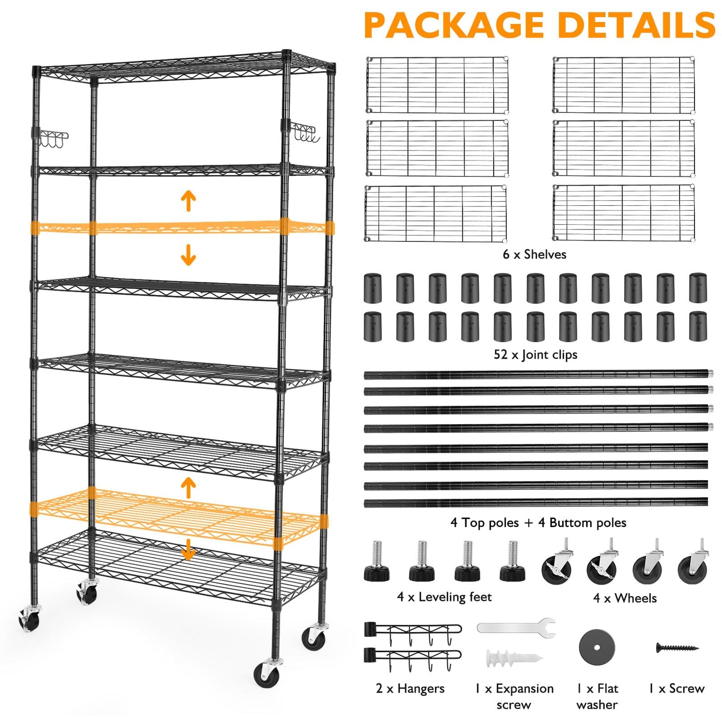 BolDuck 6 Tier Storage Shelves with Wheels, 2100lbs Capacity Heavy Duty Shelving Units, 14x36x75inch Adjustable Metal Shelf Wire Shelving Rack for Garage, Kitchen, Office, Black