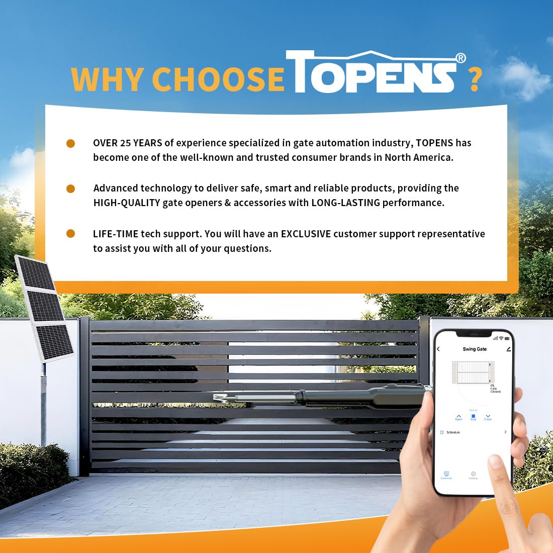 TOPENS XD851S Smart Gate Opener for Heavy Duty Solar Single Swing Gates Up to 18ft, Automatic Gate Opener with App Control AC Powered with Remote Control Kit Solar Panel Included