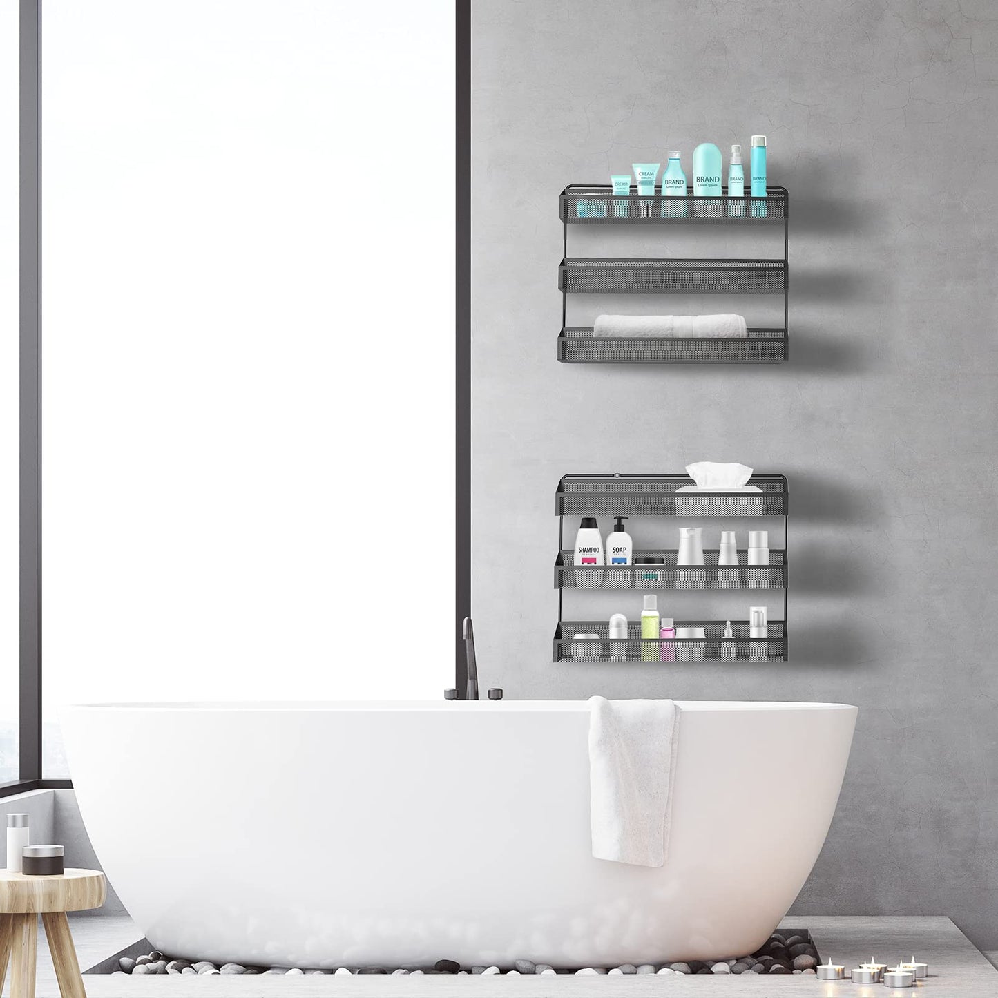 AULEDIO 2 Pack Spice Rack Organizer, 3 Tier Counter-top Stand or Wall Mounted Storage Rack Hanging Shelf for Kitchen Cabinet, Cupboard, Pantry Door Bathroom Shower Cosmetic (Black)