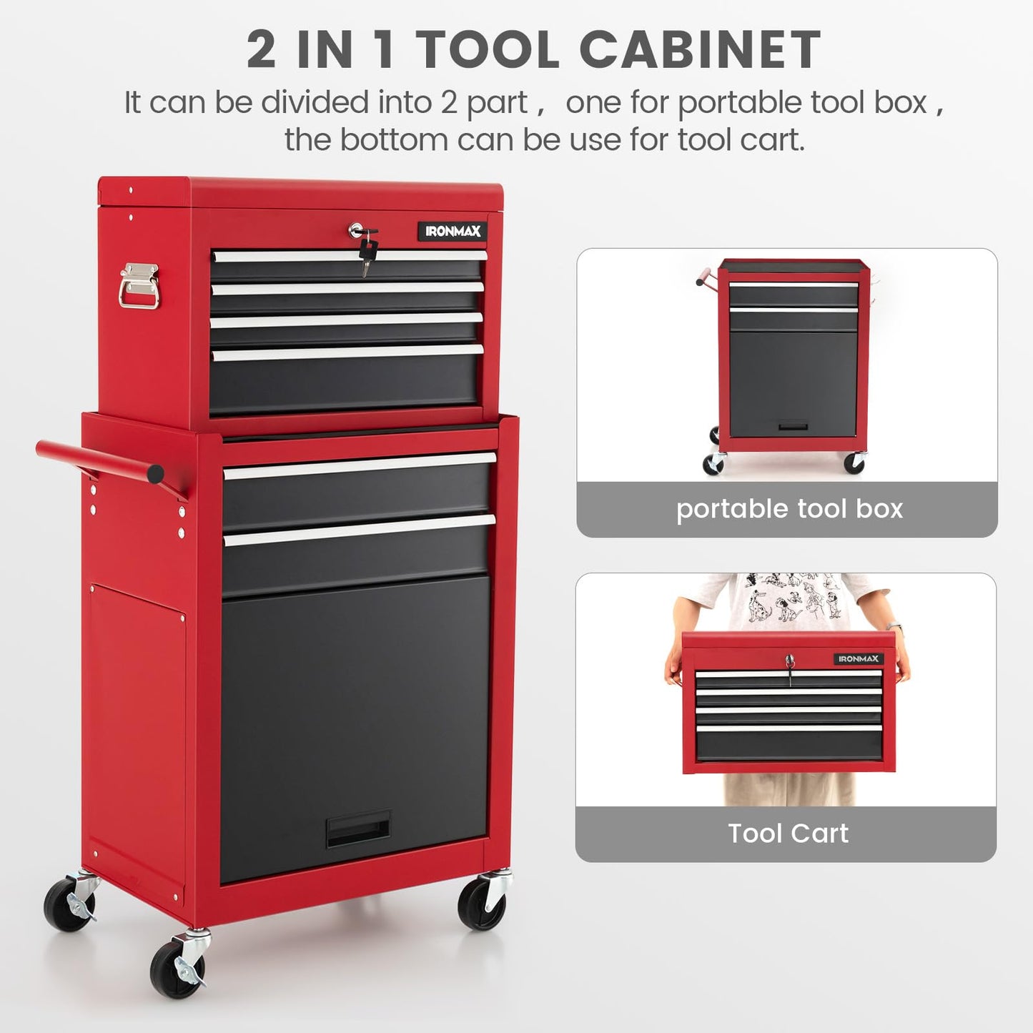 ERGOMASTER Rolling Tool Chest Cabinet Big Capacity Storage with Wheels and Lock Key, Portable Tool-Box Organizer with Sliding Drawers - 6 Drawers & BlackRed