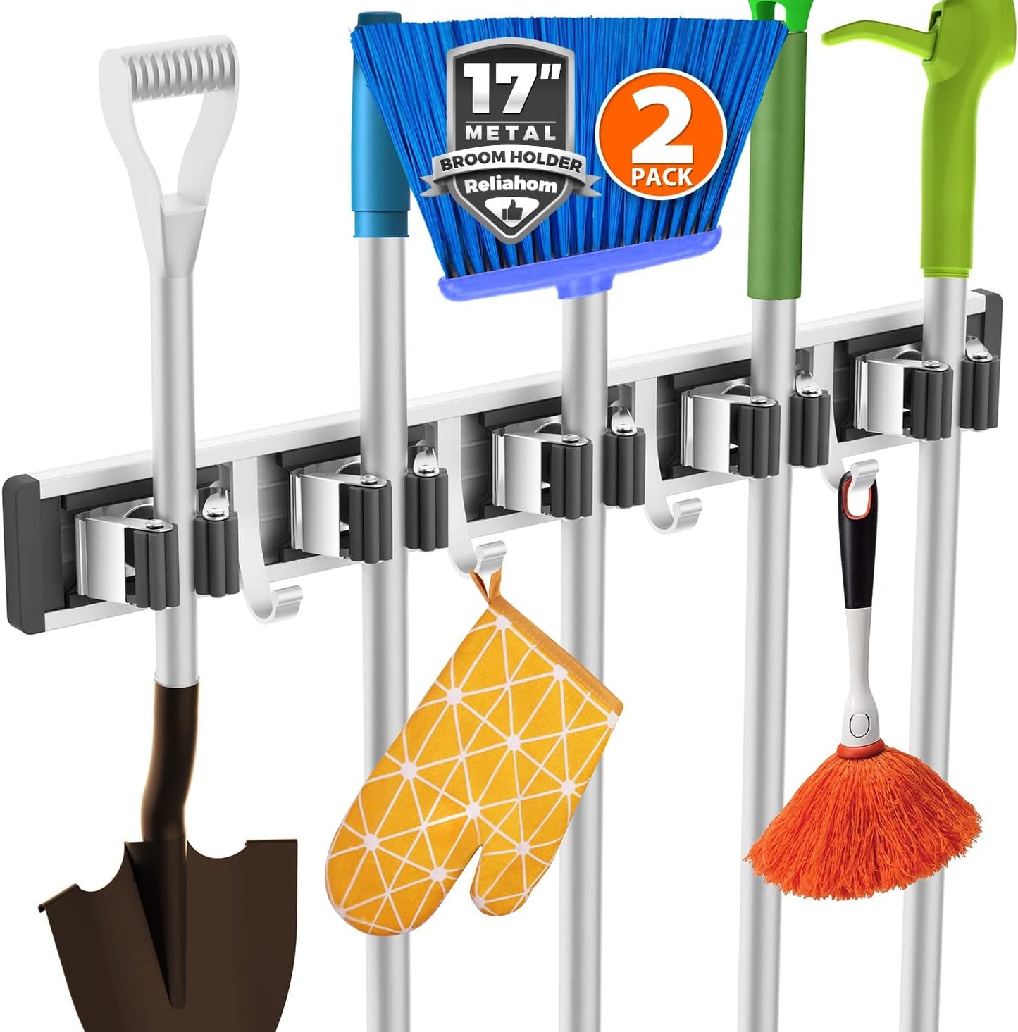 Reliahom Broom Holder Wall Mount - 2 Pack with 5 Racks & 4 Hooks | Black Mop Storage Organizer for Garage, Kitchen, Garden, Laundry Room