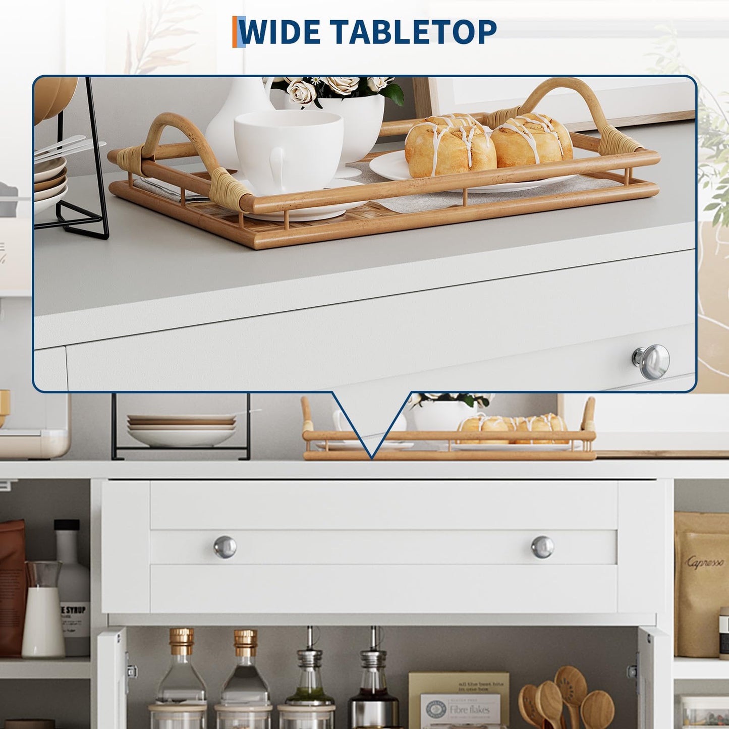 Garvee Sideboard Buffet Cabinet with Storage, Modern Wooden Credenza Storage Cabinet with Drawer and 4 Doors, Freestanding Coffee Bar for Living Room, Kitchen, Dining Room, White