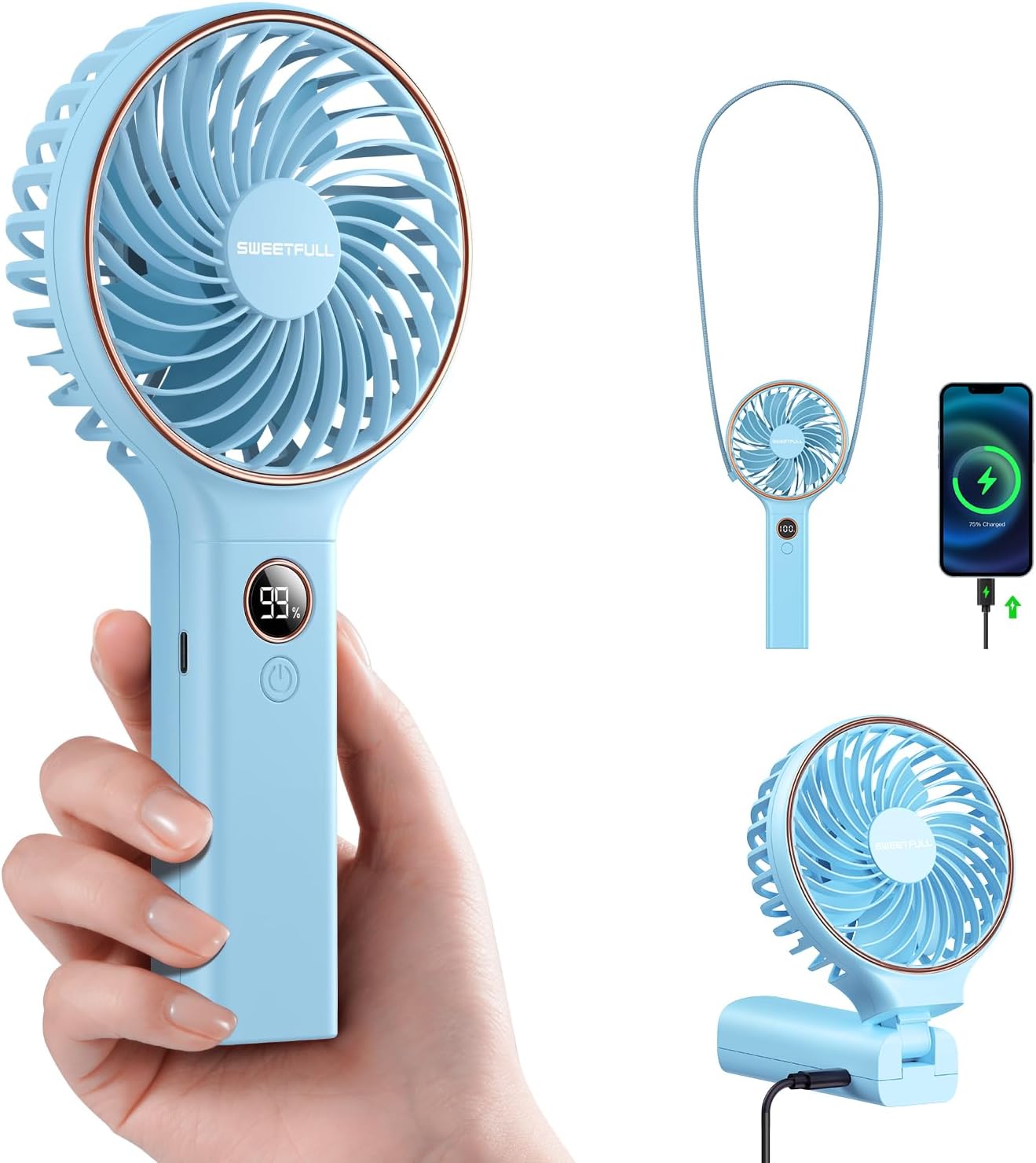 Sweetfull Handheld Portable Fan - 5000mAh Rechargeable Battery, 6 Speed Wind, LED Display | Mini Travel Fan