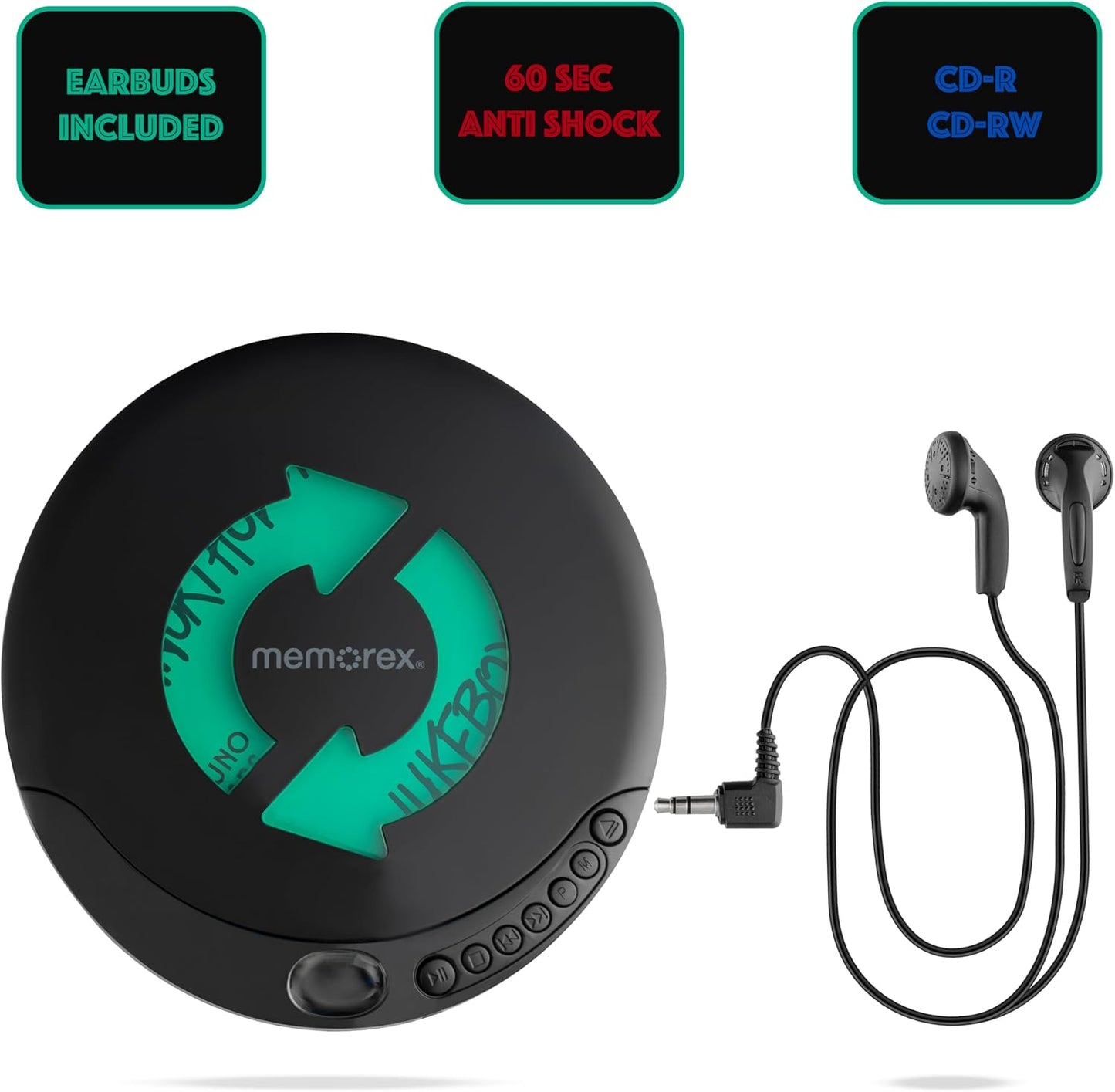 Memorex MX-DM80 Portable CD Player | Compact Disc Player with Anti-Shock Technology | LCD Display, Stereo Earbuds, Low