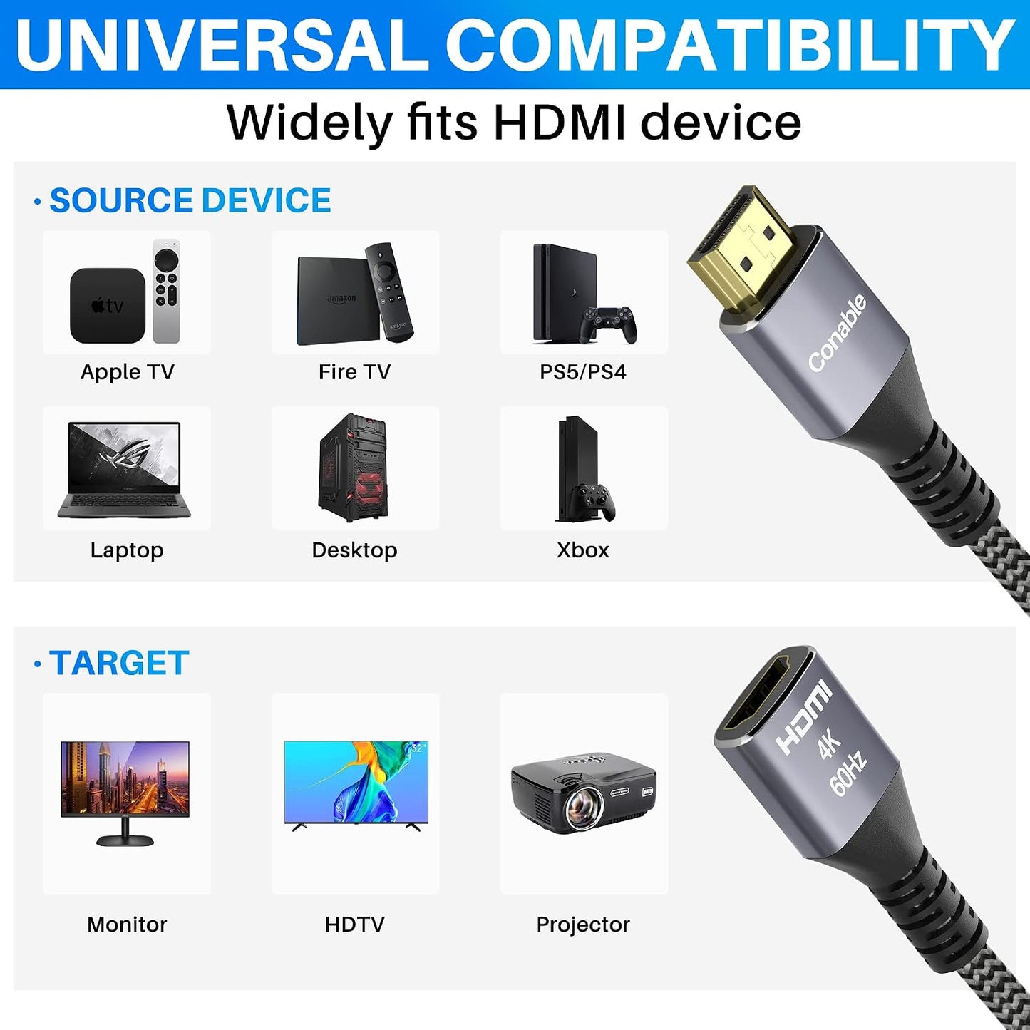 4K 15 2.0 3D 4K@60Hz 2160p 1080p 2.2 25 25 2 15FT HDMI Extension Cable Feet, HDMI Braided Extender Male to Female Cord