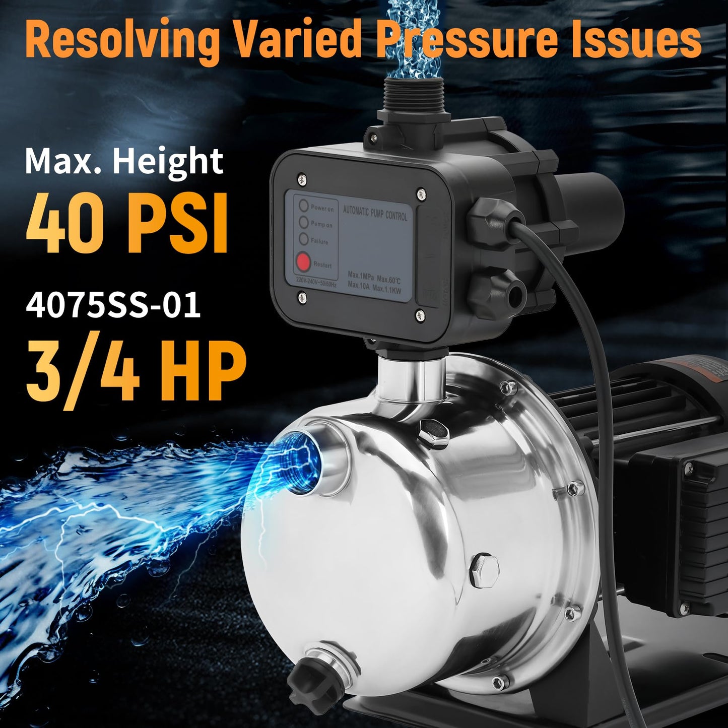 4075SS-01 Pressure Booster Pump 3/4 HP, Stainless Steel Water Pressure Booster 40 PSI, 4075SS01 Domestic Water Pressure Booster Pump Boosts Household Water Pressure, Replace for Simer 4075SS-01 Pump