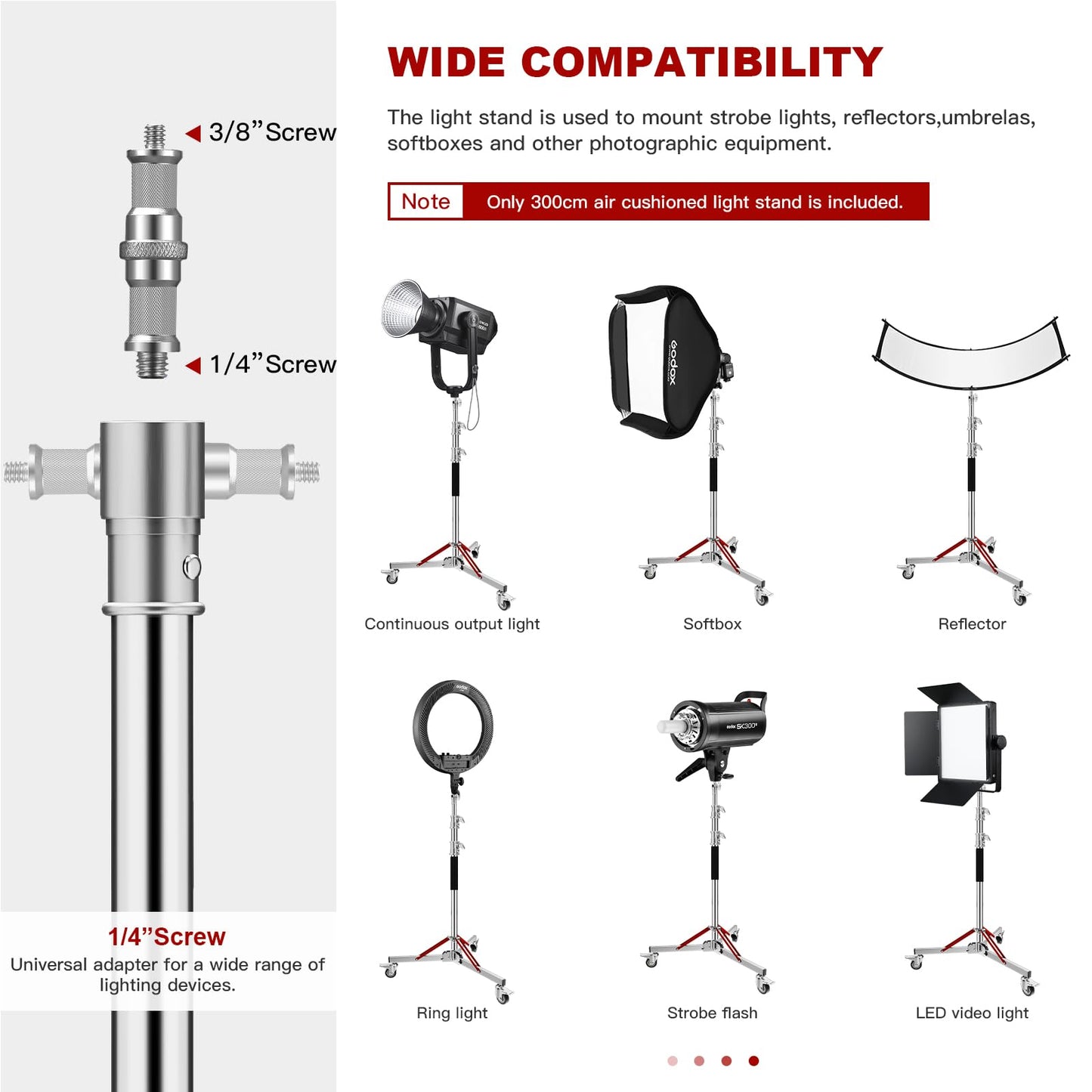 Heavy Duty Light Stand with Casters, 10ft/305CM 100% Stainless Steel 30kg/66lb Load Bearing Adjustable Photography Light Stand with Wheels for Photography Studio Softbox, Monolight