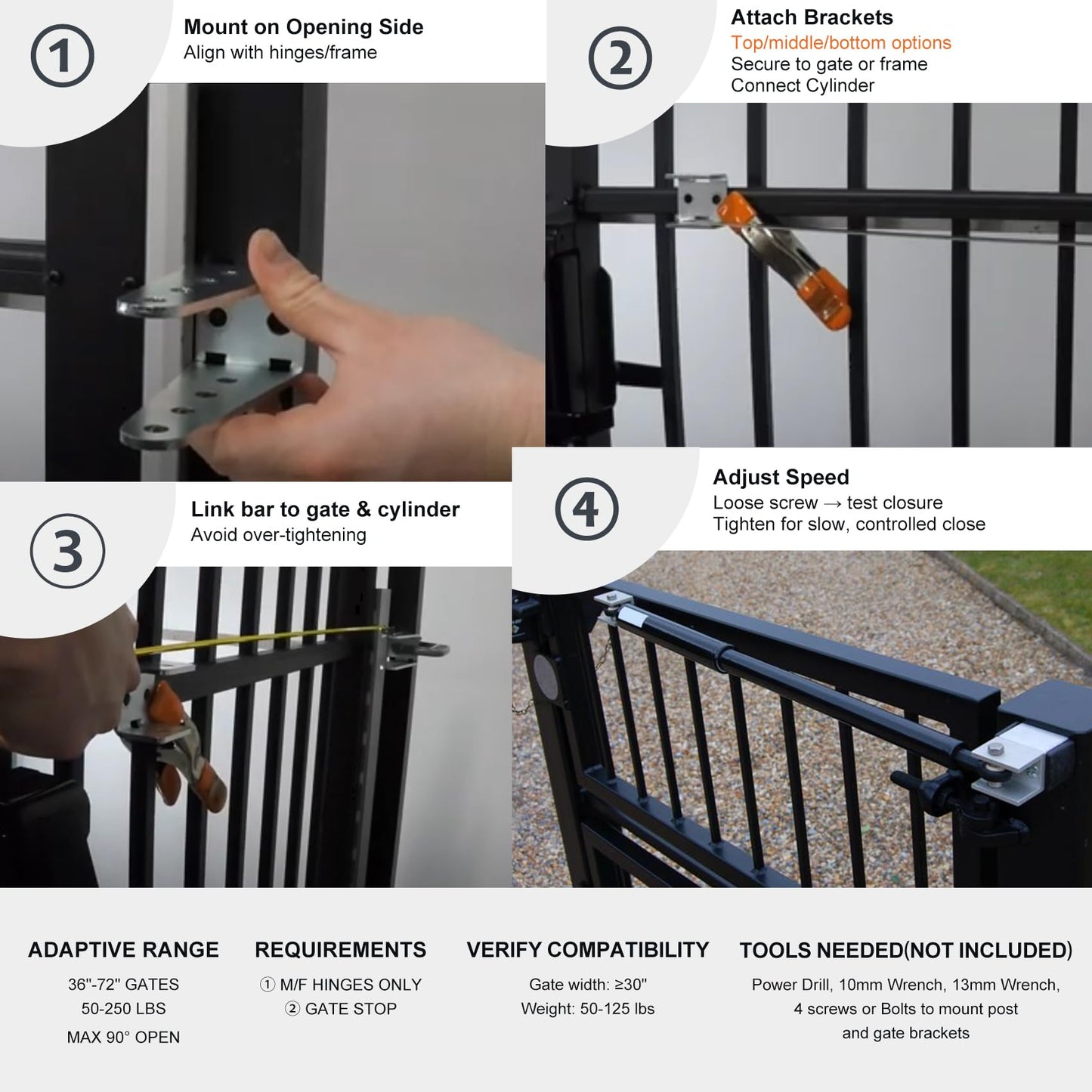 TB400 Outdoor Heavy Duty Gate Closer for 95 to 195 Pounds – Upgraded Hydraulic Gate Closer, Fits 44–72 Inch Gates – Ideal for Farm, Backyard, Pool, and Property Fencing (Black)