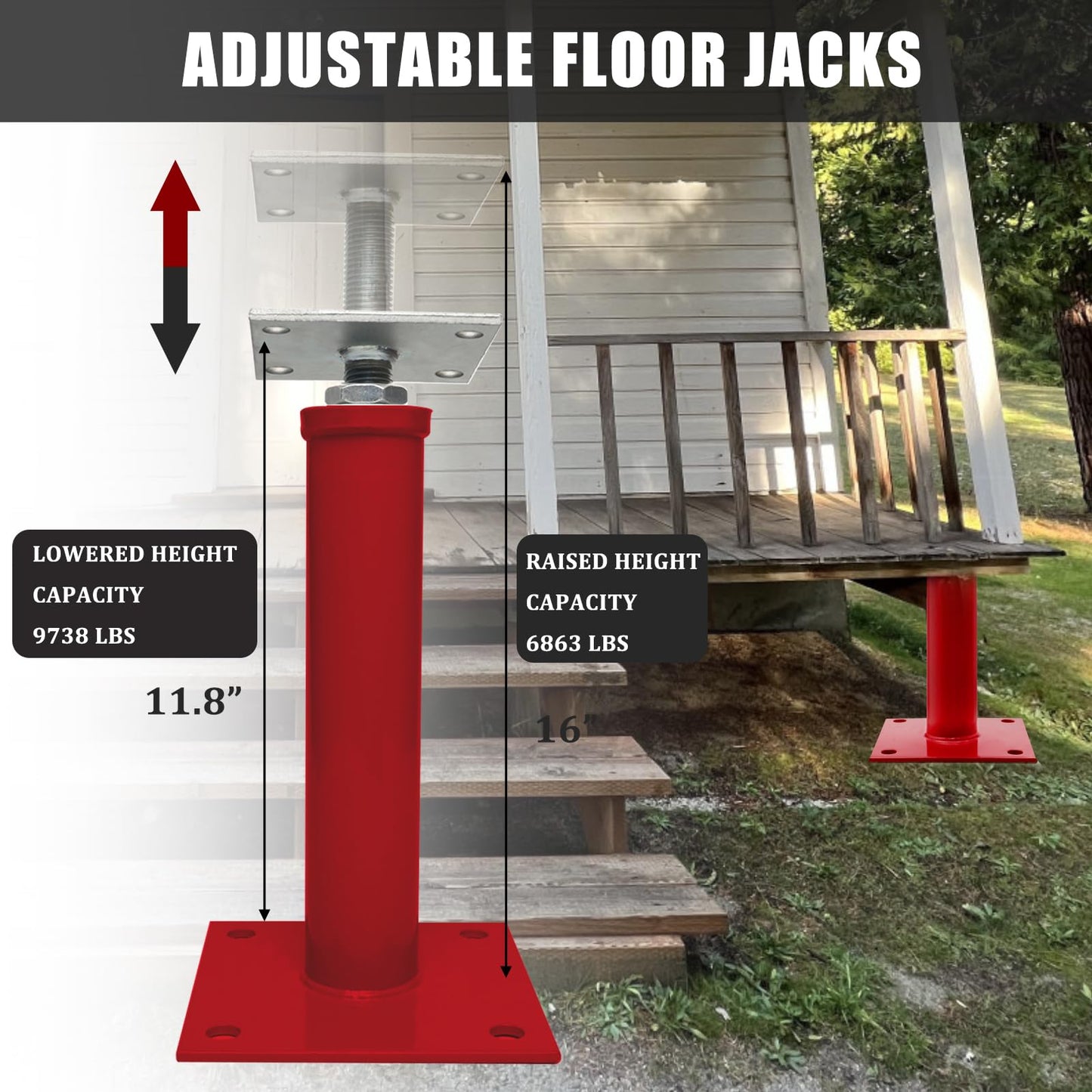 OPERMAXER House Jacks for Leveling Crawlspace, 11" -16" Height Range，9920 lbs to 6860 lbs Height Capacity (Each)，Floor Jacks Joist Beam Brace for Cellar Ceiling - Screw Pole Jack, 2 Pack