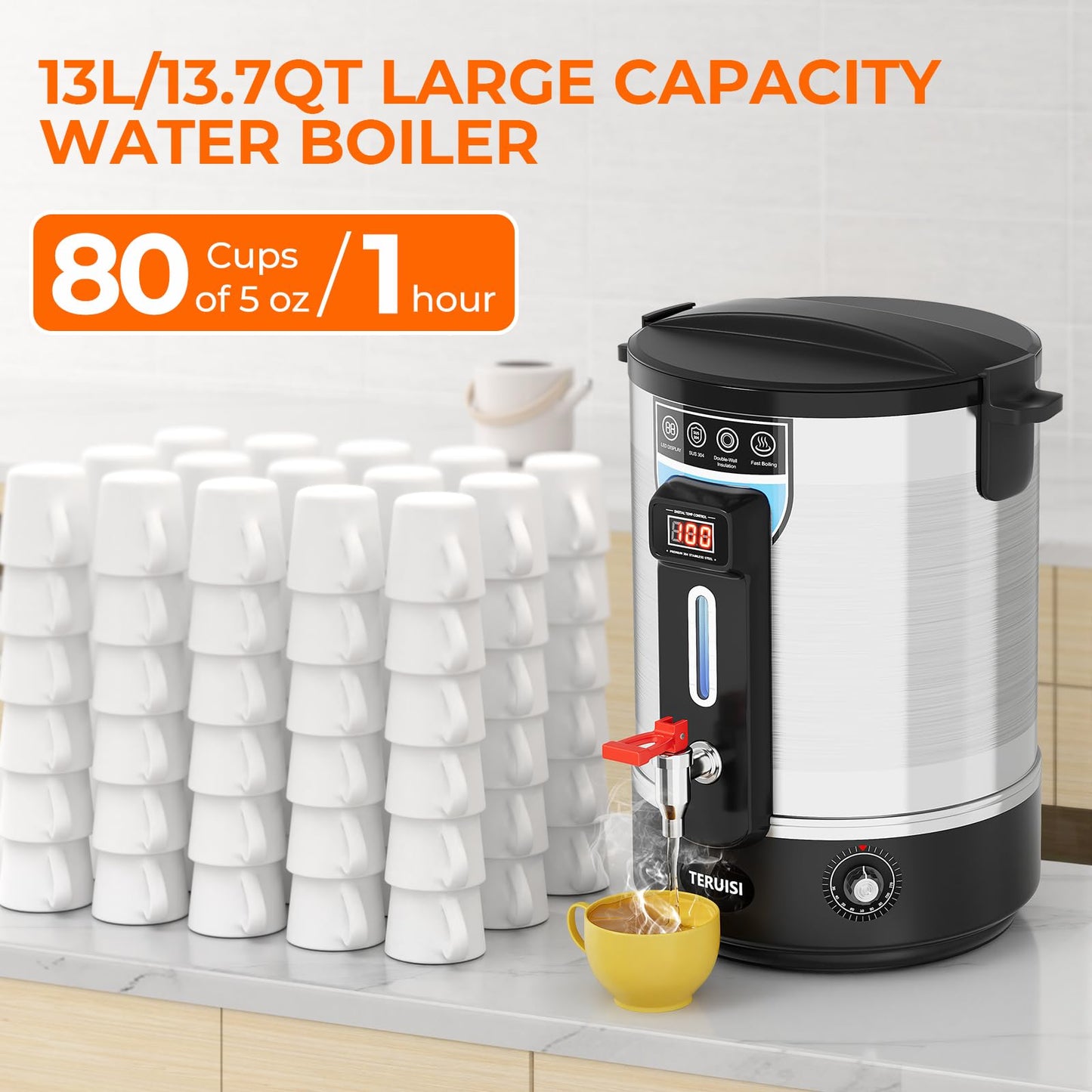 TERUISI Electric Water Boiler, 13L/13.7QT Commercial Hot Water Dispenser, 1500W Hot Water Boiler Urn Beverage Dispenser with Stainless Steel Spigot, Doubled-Wall Insulation, Adjustable Temperature