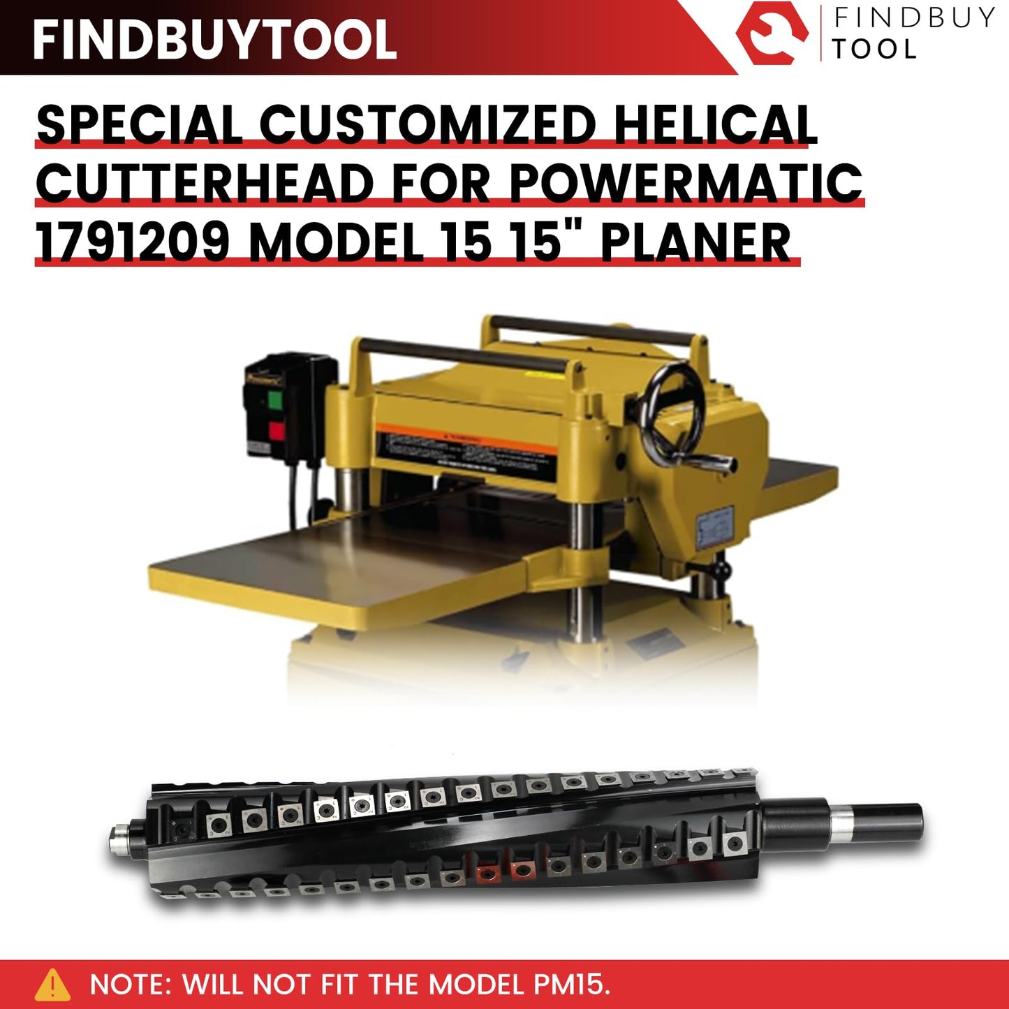 FINDBUYTOOL 15" Helical Cutterhead for Powermatic 1791209 Planer, 68 Carbide Inserts, Low Noise and Tear-Free Finish for Woodworking Tool Upgrade