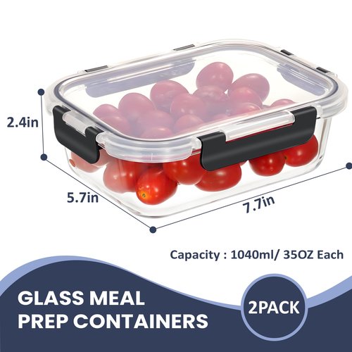 HOTEC 35OZ Glass Food Storage Container, Airtight Glass Lunch Fruit Containers with Lids - Microwave, Oven, Freezer and Dishwasher Safe, 2-PACK