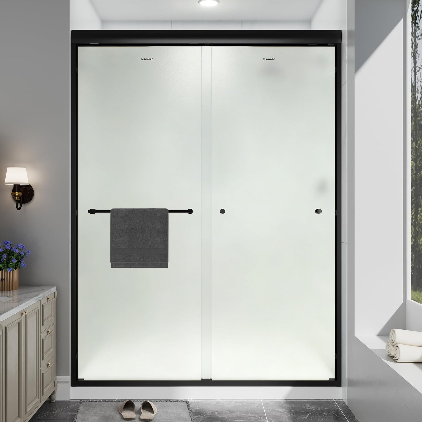 EASYWORC Double Sliding Shower Door, 49"-54" W x 70" H Semi-Frameless Frosted Shower Door, 1/4'' (6mm) Frosted SGCC Tempered Glass with Nano Coating and Explosion-Proof Film, Matte Black