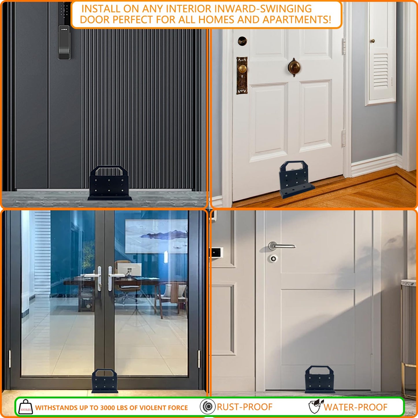 Security Door Stopper,Door Barricade Brackets,Prevents Entry Burglaries Home,Withstands 3000 Lbs of Violent Force,Enhance Family Security Floor Mounted, Black Aluminum