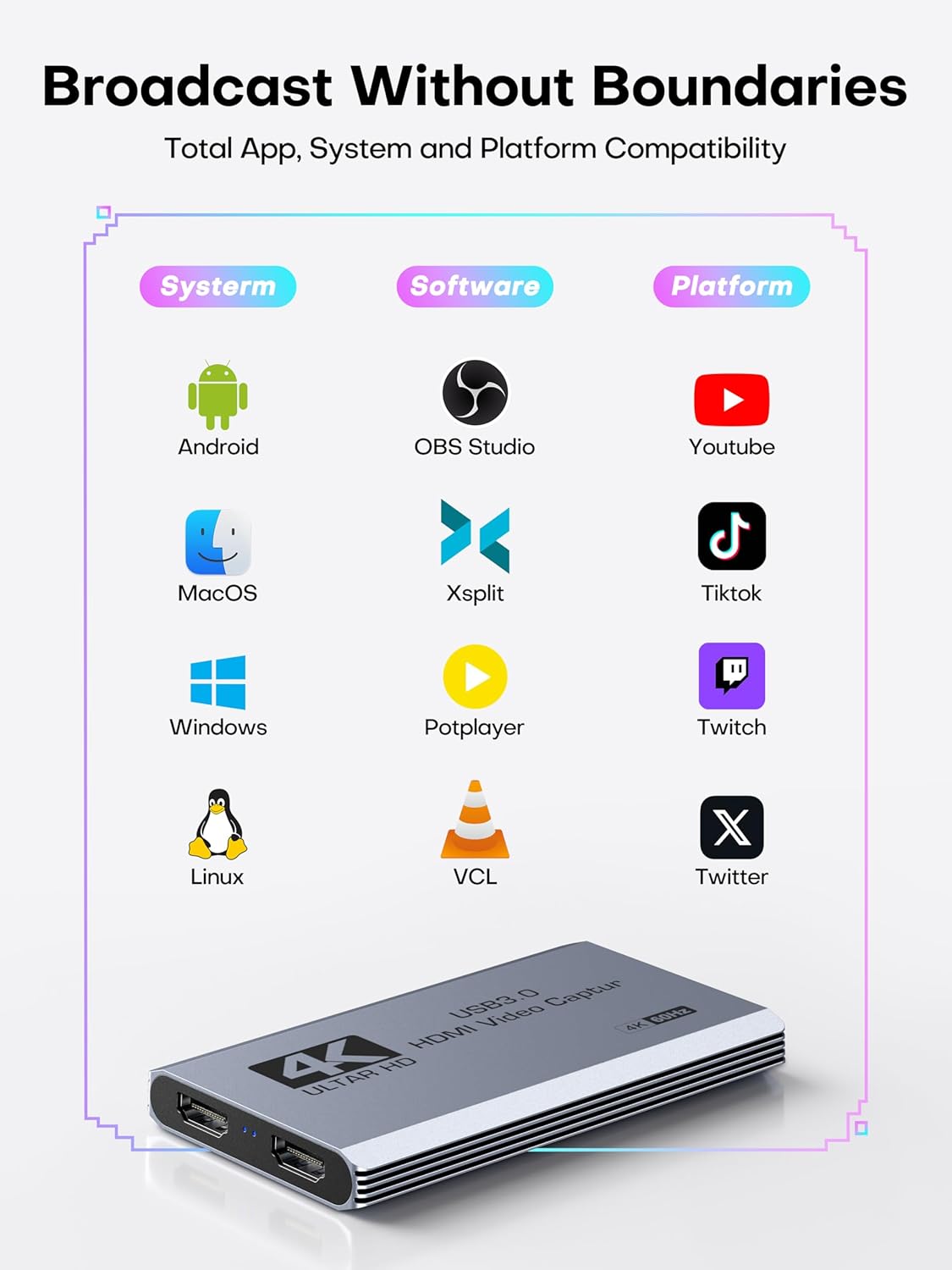 XIIXMASK 3.0 4K 4K 60FPS/1080P 240FPS PS5/Camera/PC/Streaming Video Capture Card, USB Capture Card HDMI Loop-Out, Video