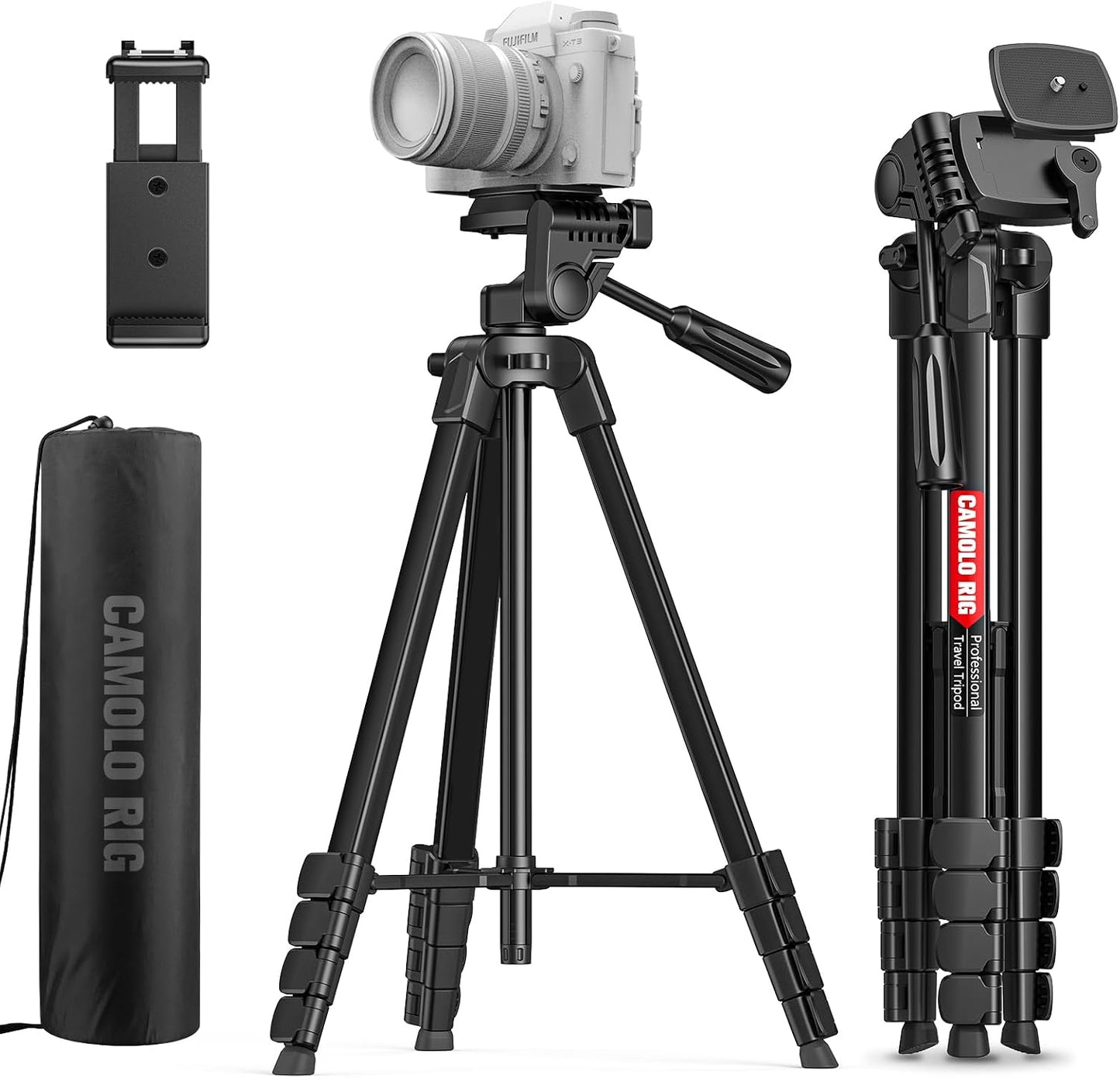 CAMOLO RIG 17-67.3 Inch Camera Tripod with Phone Holder, Camera Tripod Adjustable Height, Cold-Shoe Mount, Carrying Bag