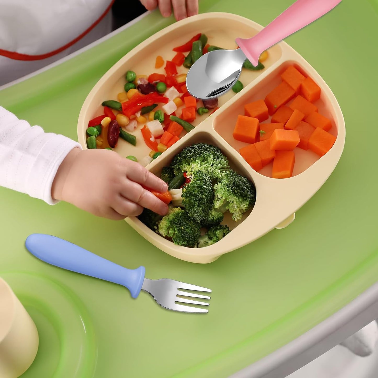 Pimoys Toddler Utensils Set - 6-Piece Stainless Steel Forks & Spoons with Plastic Handles | Dishwasher Safe