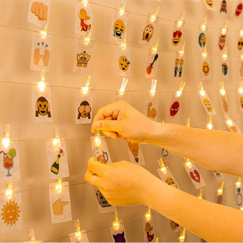 HXWEIYE 50LED Photo String Lights - Warm White 16.4Ft Battery-Powered Fairy Lights with 52 Clips & 10 Hooks for Pictures, Dorms, Parties