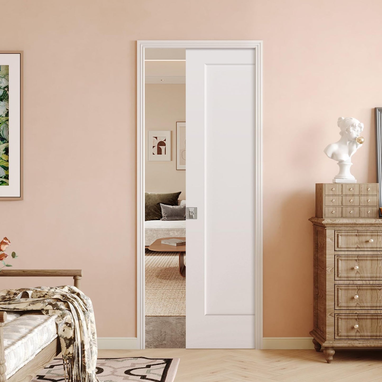 BARNSMITH 30in x 80in Sliding Pocket Door, Track Hardware and Frame Kits with 1-Panel White Paintable Door Slab & Satin Nickel Privacy Latch Included, Soft Close Mechanism, Durable and Smooth
