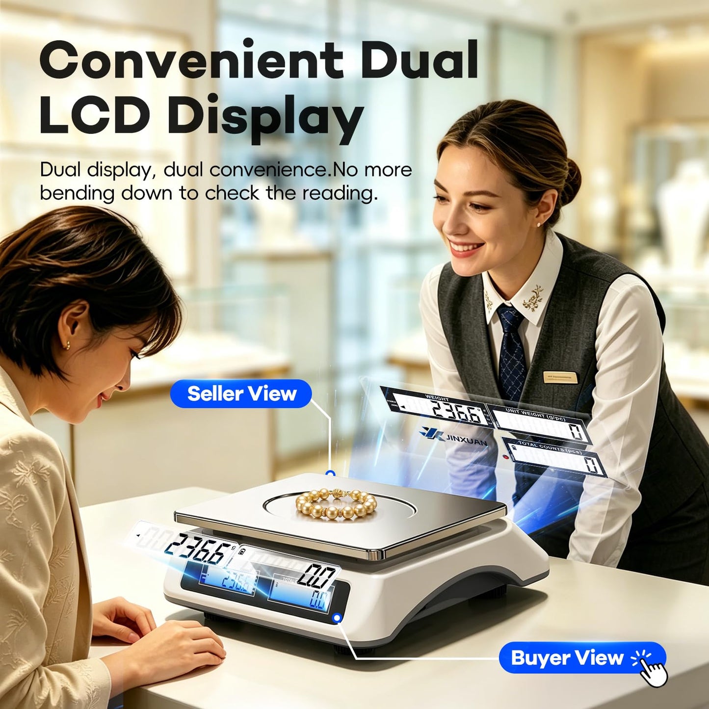 JINXUAN Counting Scale 88lb/40kg x 0.5g Industrial Scale lb/oz/g/kg Digital Parts Scale with Dual LCD Display, Rechargeable Inventory Scale for Small Parts Coins Pieces Tickets, Precision Gram Scale