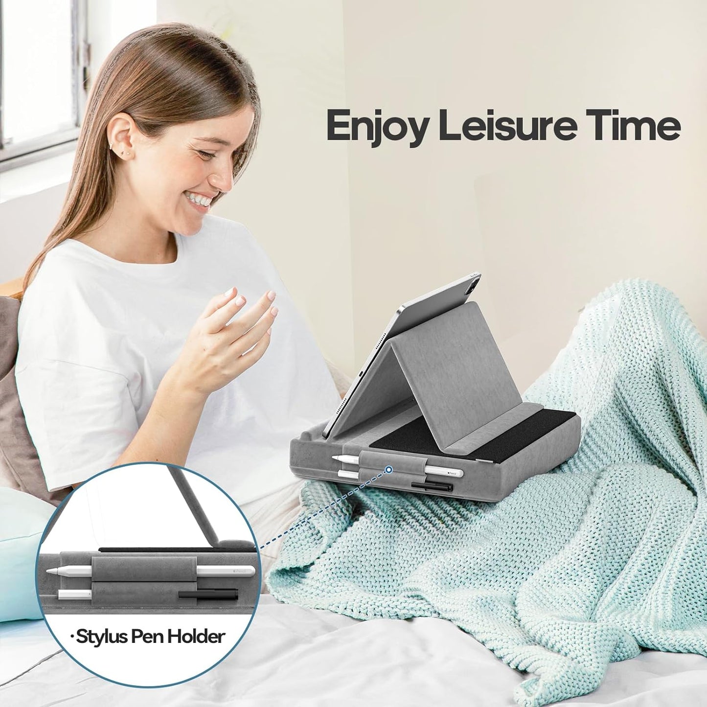 KDD 12.9, 10.5, 11, Tablet Pillow Stand, Multi-Angle Viewing Ipad Holder for Lap, Bed and Desk, Foldable Soft Pad Dock