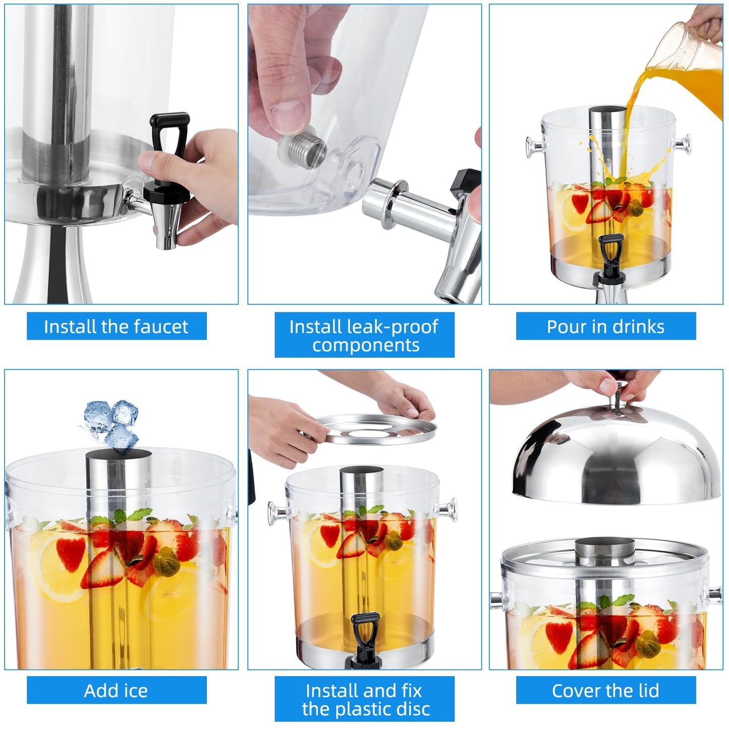 Commercial-Grade Drink Dispenser, Stainless Steel Beverage Dispenser with Ice Core, Stand & Spigot for Catering Events & Weddings