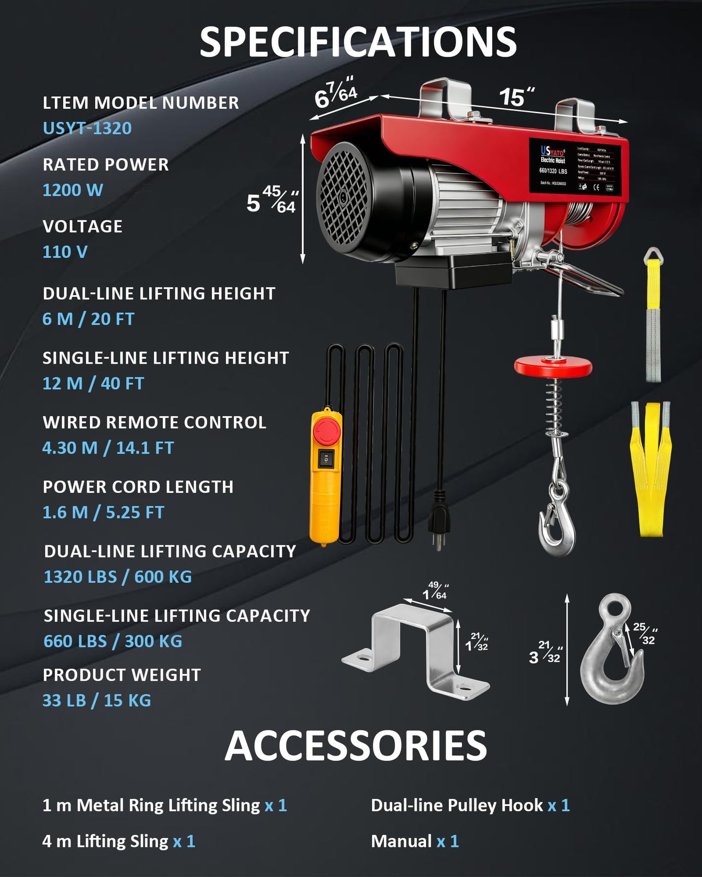 USYATO 1320 lbs Electric Hoist with 14.1 ft Wired Control,110V Electric Winch with Emergency Stop Switch,Zinc-Plated Steel Wire Hoist,Material Handling Tool for Warehouse,Garage,Factory,Attic
