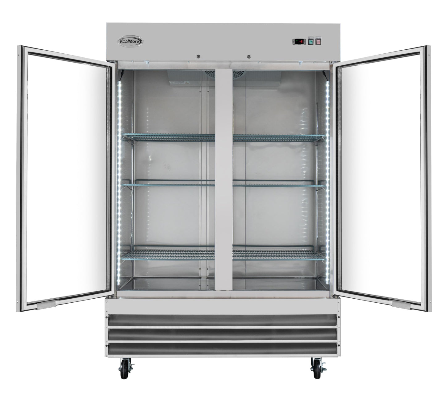 KoolMore Commercial Stainless-Steel Upright Freezer with Reach-In Self-Close Glass Doors, 6 Storage Shelves, Heavy-Duty Caster Wheels, Frost-Free Temperature Control - 47 Cu.Ft [Silver] (RIF-2D-GD)