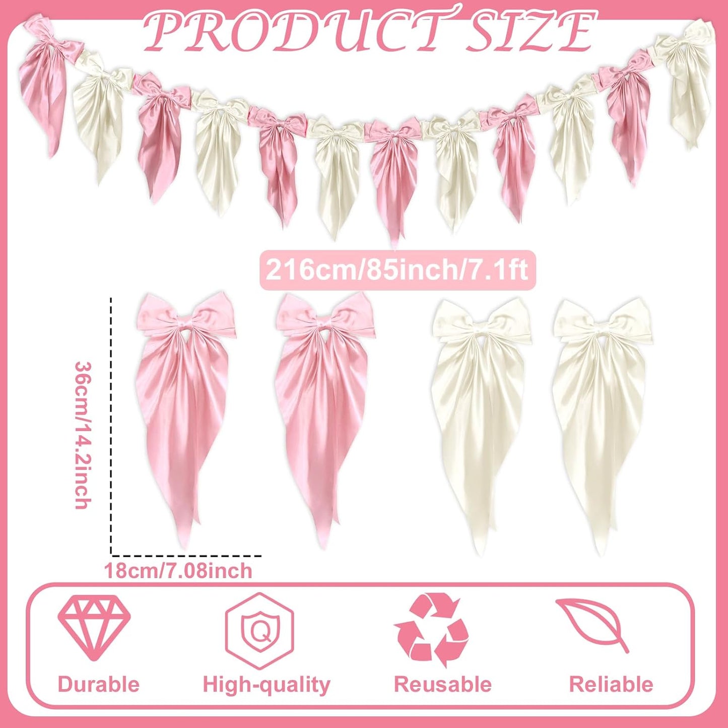 White Pink Bow Garland Banner - Satin Ribbon Decor for Fireplace | Perfect for Bachelorette, Bridal Shower, Birthday, and Wedding Parties