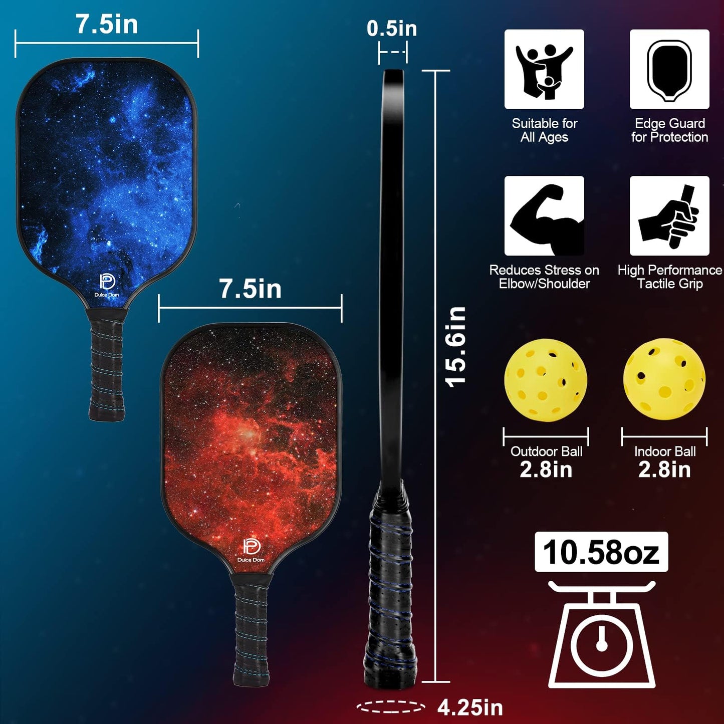 DULCE DOM Pickleball Paddles, USAPA Approved Lightweight Pickleball Set with 4 Premium Balls and Bag, Perfect Pickleball Rackets Gifts for Women Men