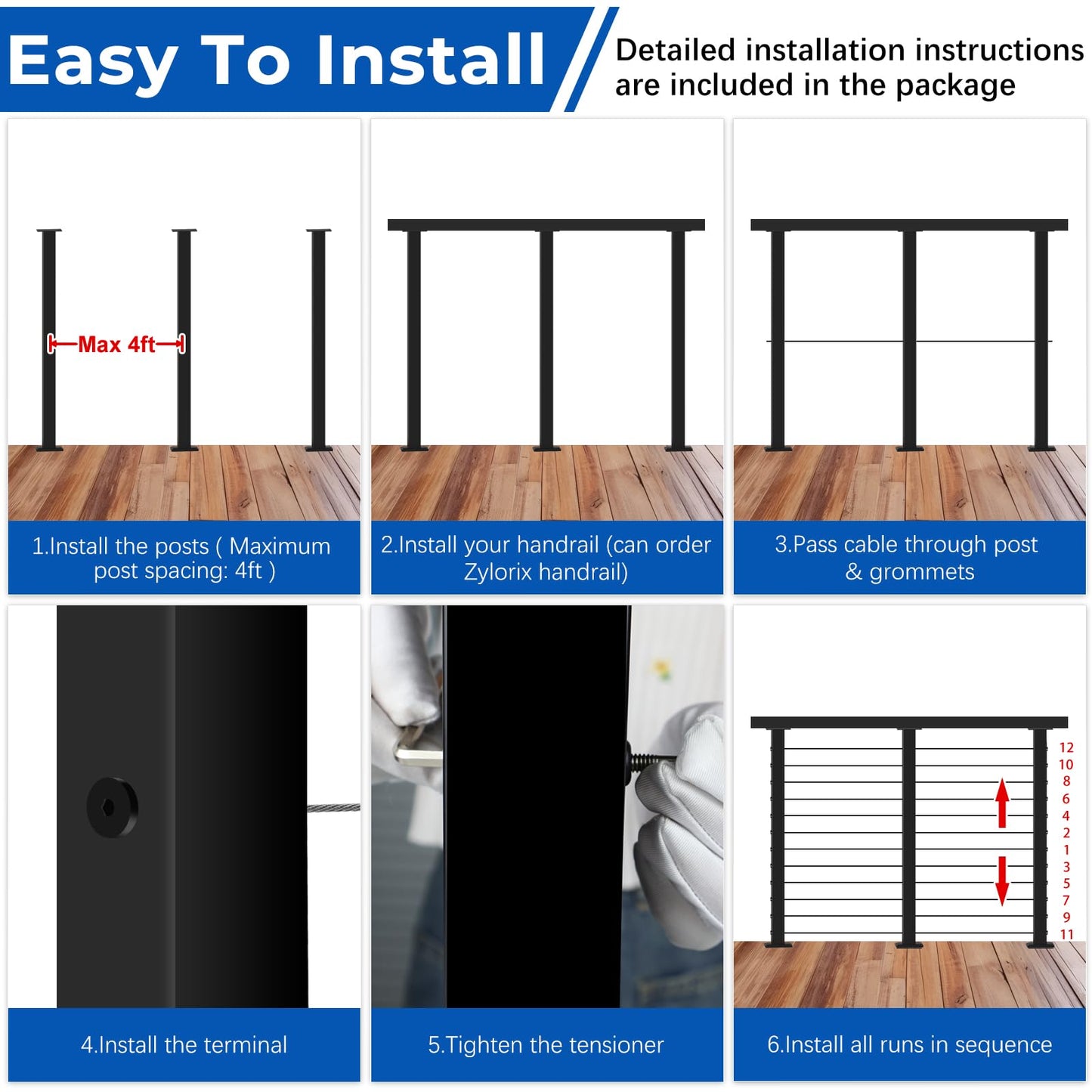 Zylorix 12ft-16ft Modular Cable Railing Post Kit 42" T304 Stainless Steel 4 Level Post Kit, Surface Mount Black Cable Railing System for Decks Length Adjustable Easy DIY, 213ft 1/8" Wire(No Handrail)