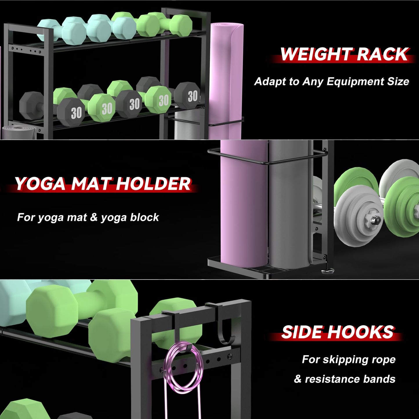 3-Tier Small Adjustable Dumbbell Rack, 450LBS Capacity Home Gym Weight Rack with Yoga Mat Holder & Hooks, Space Saving Workout Equipment Storage Organizer, Tool-free Assembly