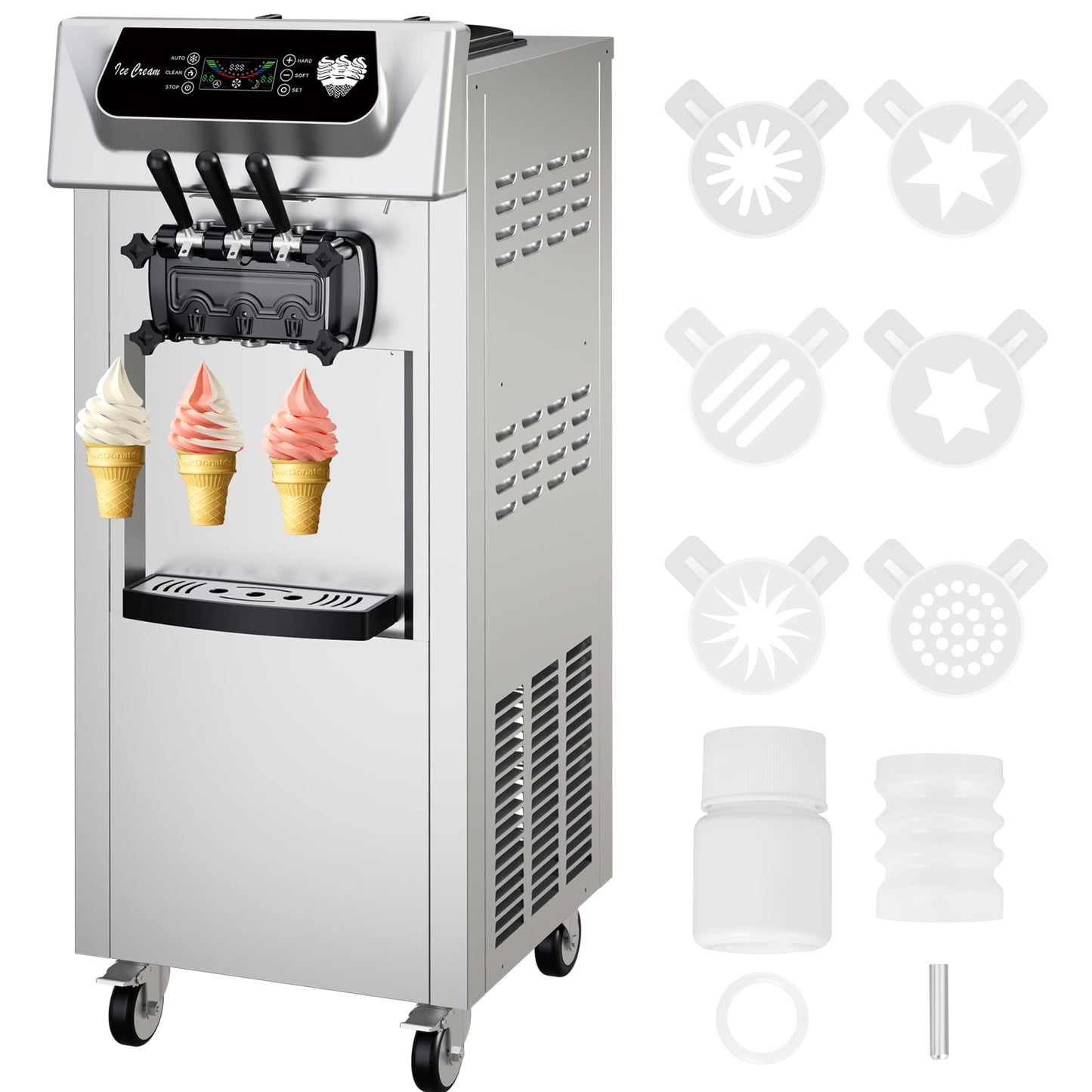 Garvee High Productivity Soft Serve Ice Cream Machine – Commercial 2+1 Flavors – 2200W – 5.8-8 Gal/Hr – LCD Display Screen – Automatic Cleaning – Ideal for Restaurants, Snack Bars, Ice Cream Shops,