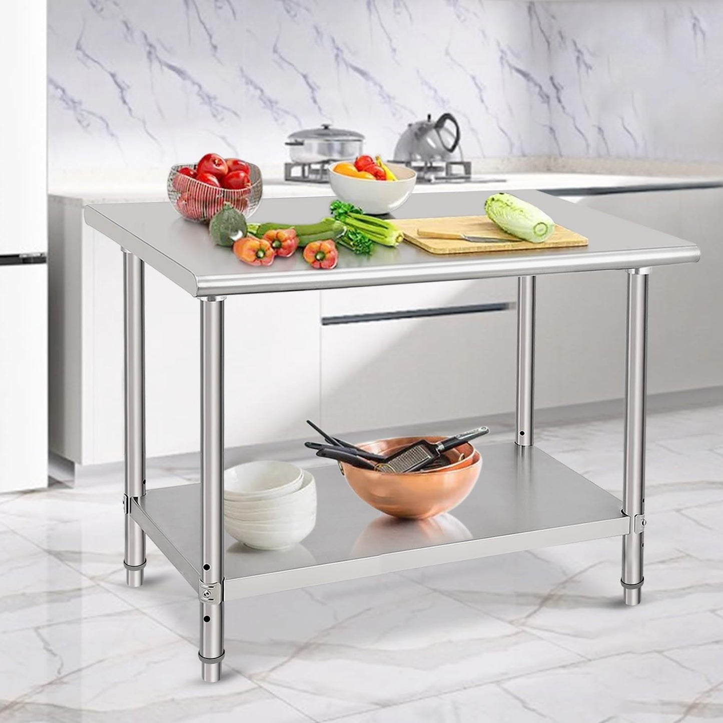 48x30 Inch Stainless Steel Prep Table, Heavy-Duty Commercial Work Table with Adjustable Undershelf for Restaurant, Kitchen & Home Use